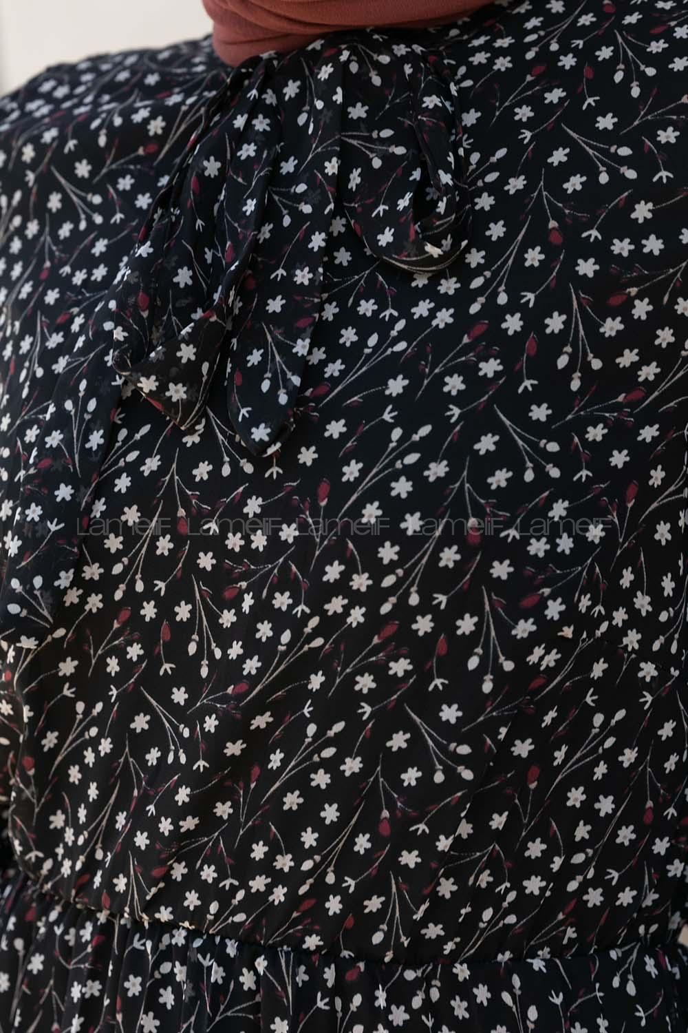 Black Mandarin Collar Cotton Fabric Printed Dresess