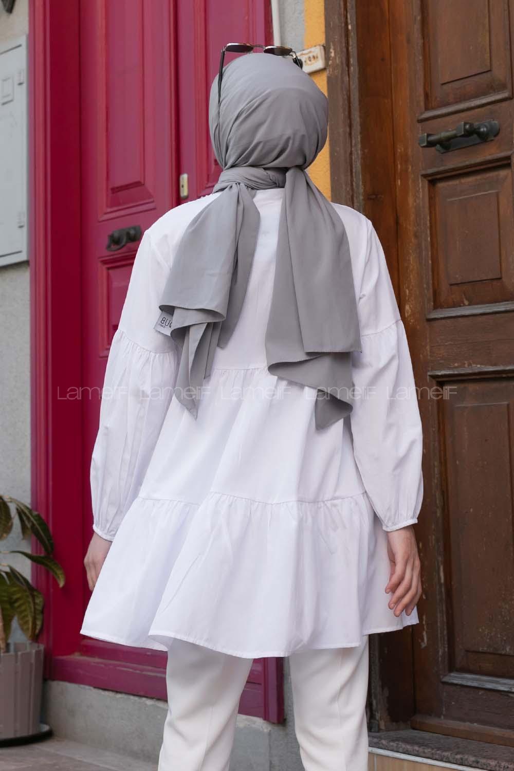 White Mandarin Collar Long Arm Cotton Unprinted Shirt