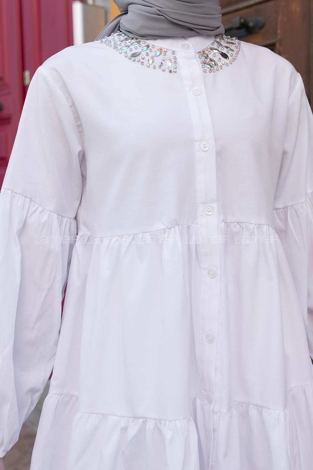 White Mandarin Collar Long Arm Cotton Unprinted Shirt