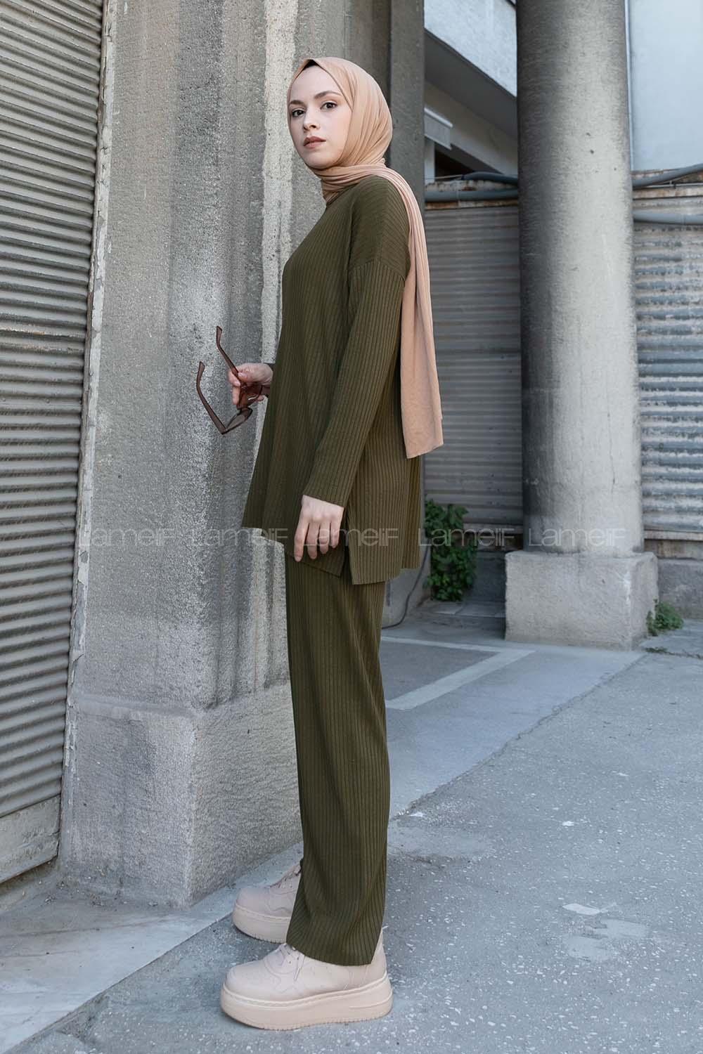 Khaki Crew Neck Long Arm Without Accessories Cotton Fabric Regular Trousers Comfortable Suit