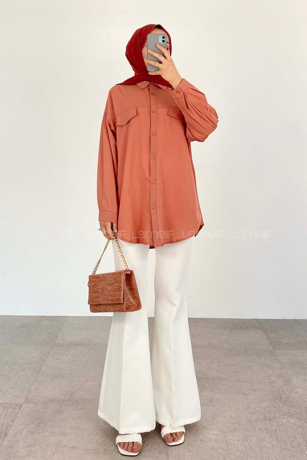 Salmon Shirt Collar Long Arm Cotton Fabric Unprinted Shirt