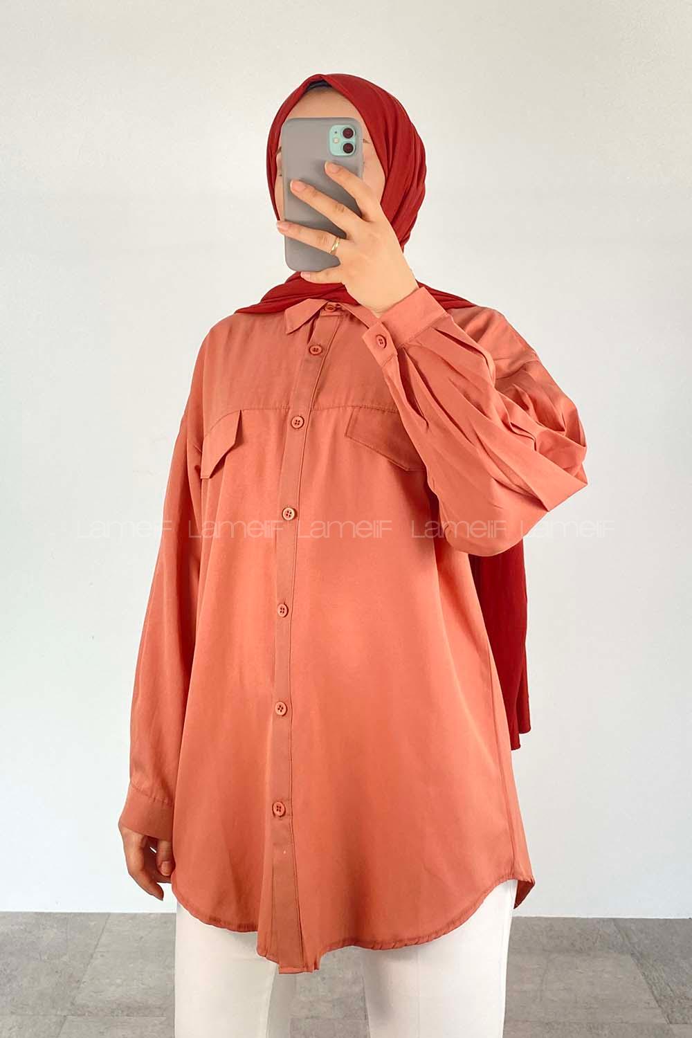 Salmon Shirt Collar Long Arm Cotton Fabric Unprinted Shirt