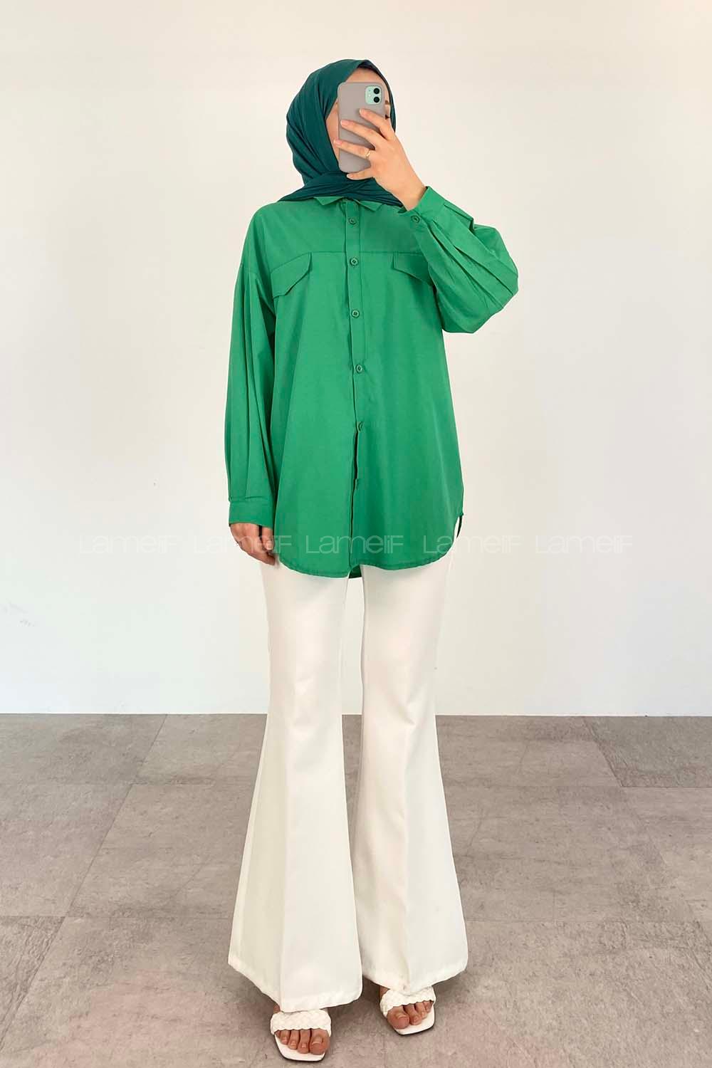 Green Shirt Collar Long Arm Cotton Fabric Unprinted Shirt