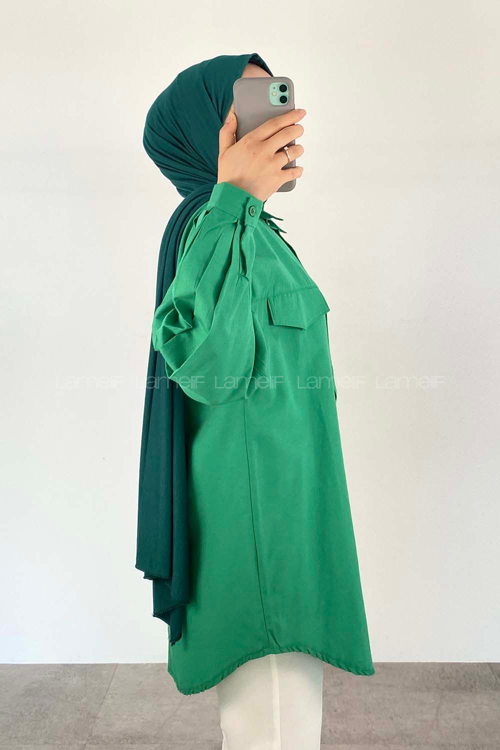 Green Shirt Collar Long Arm Cotton Fabric Unprinted Shirt
