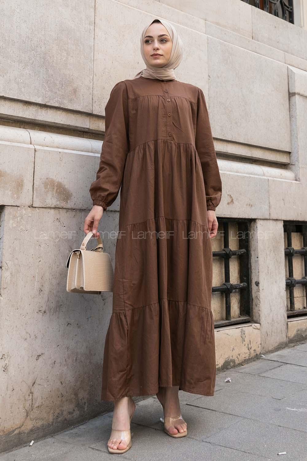 Bitter Brown Mandarin Collar Linen Unprinted Dresess