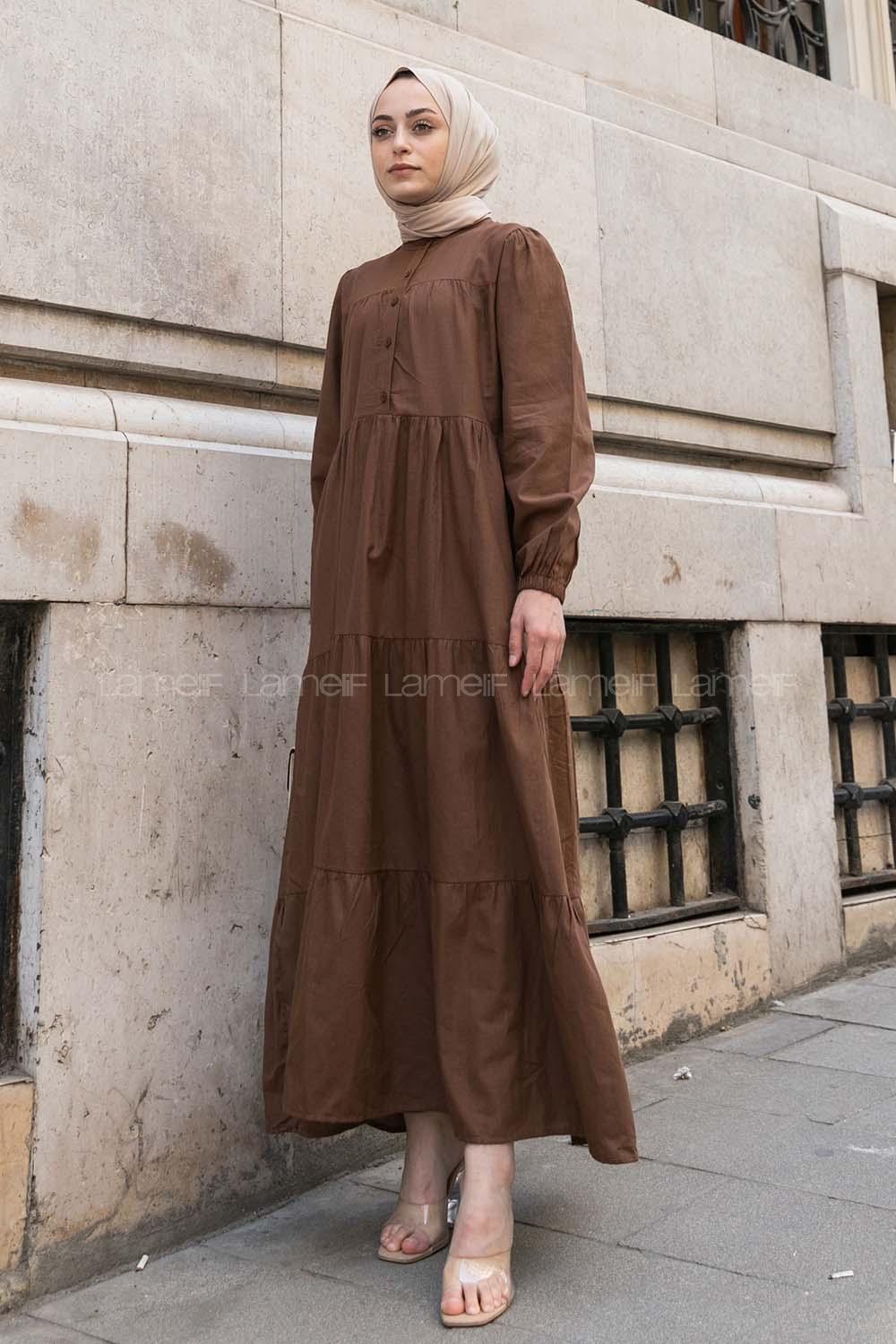 Bitter Brown Mandarin Collar Linen Unprinted Dresess