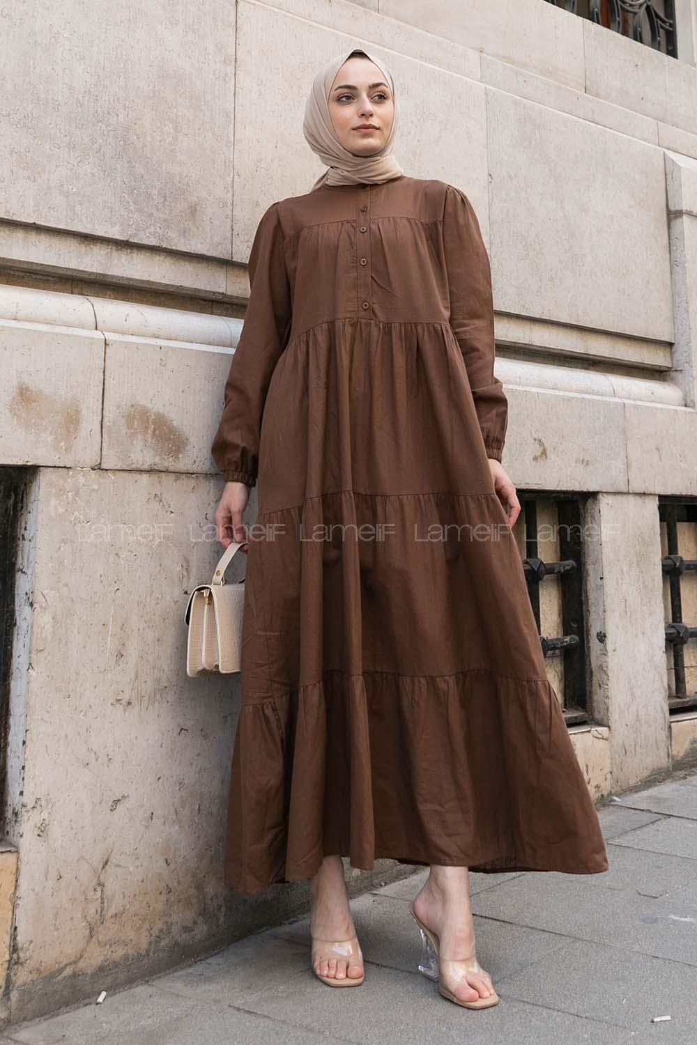 Bitter Brown Mandarin Collar Linen Unprinted Dresess