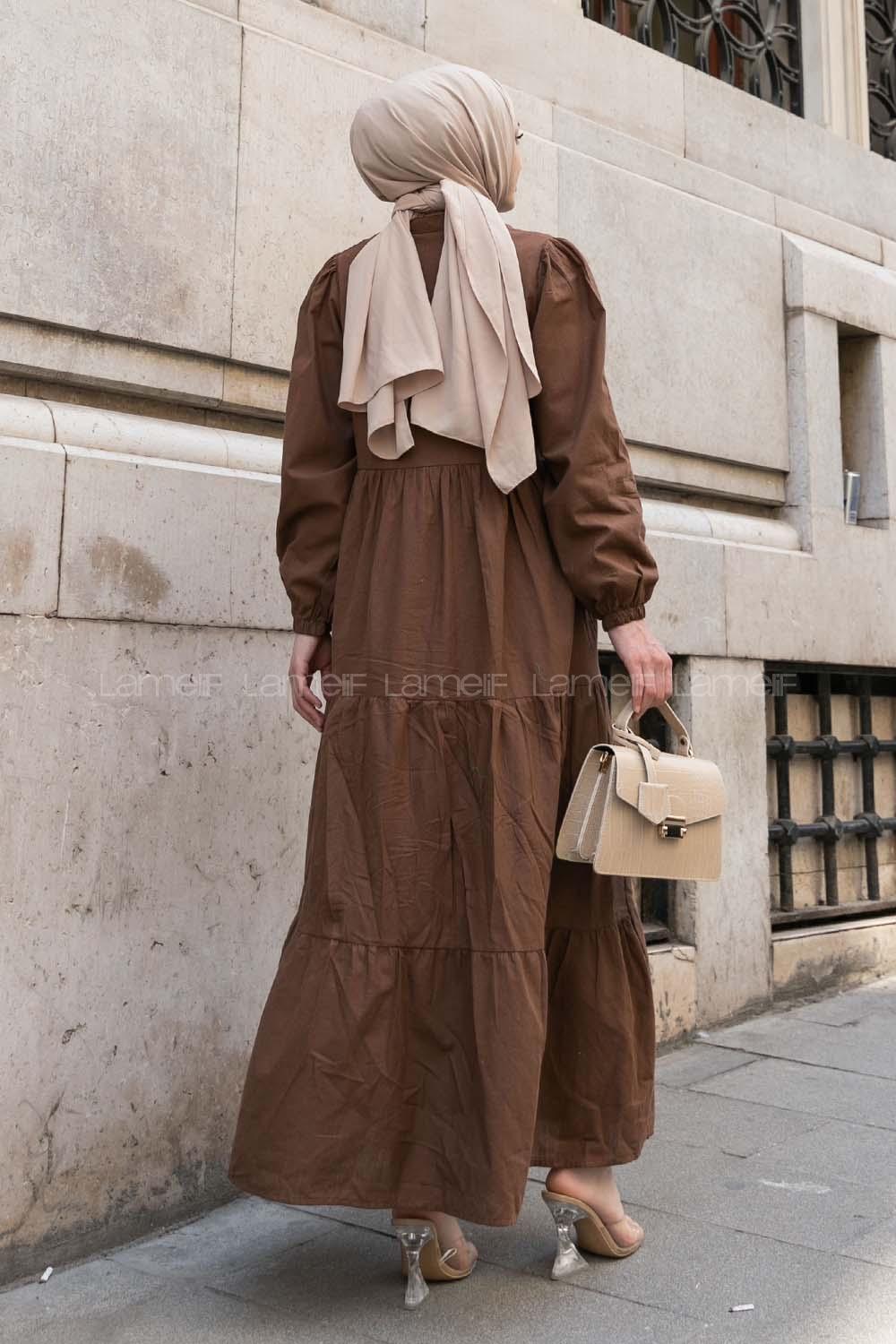 Bitter Brown Mandarin Collar Linen Unprinted Dresess