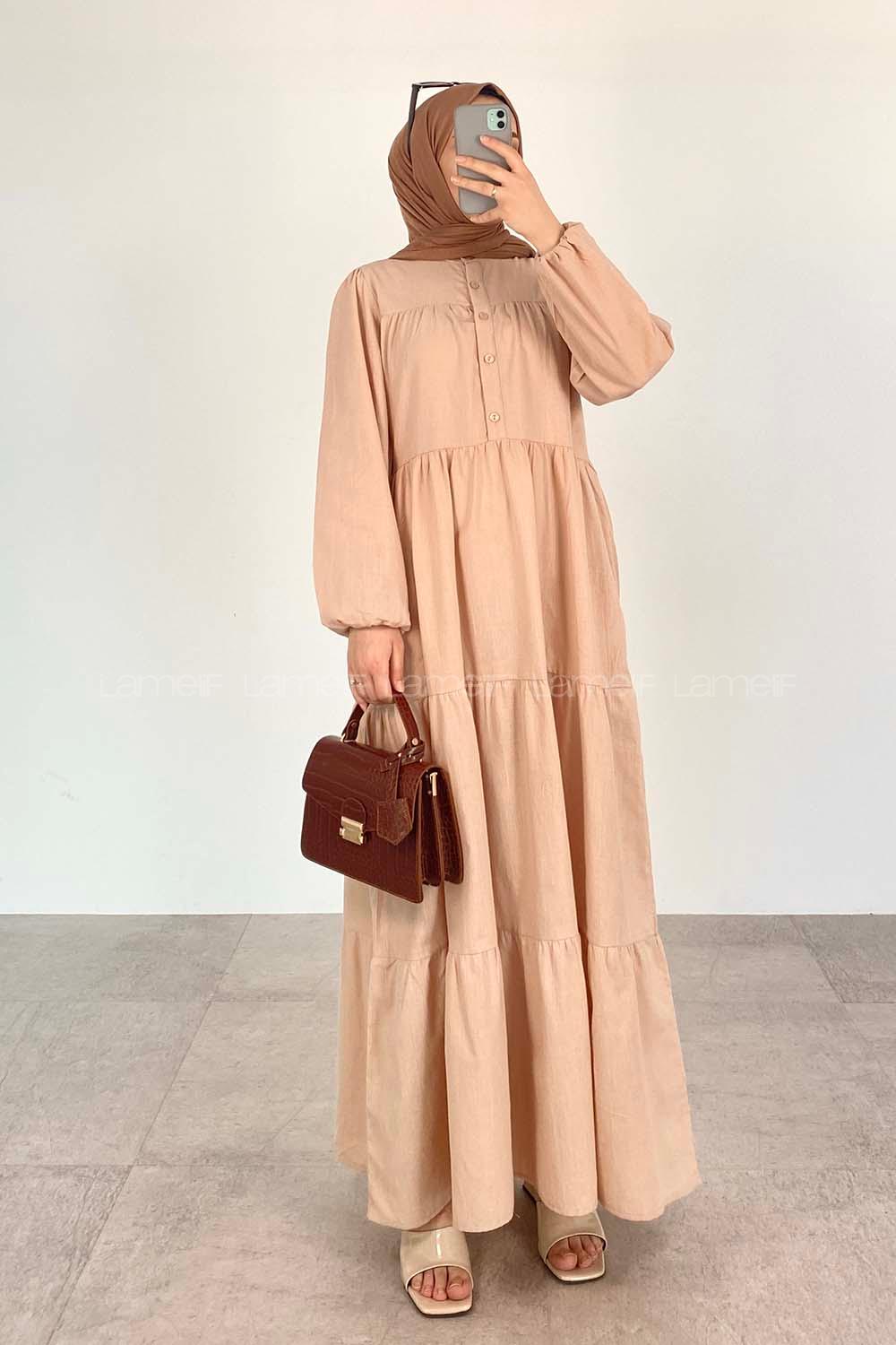 Beige Mandarin Collar Linen Unprinted Dresess