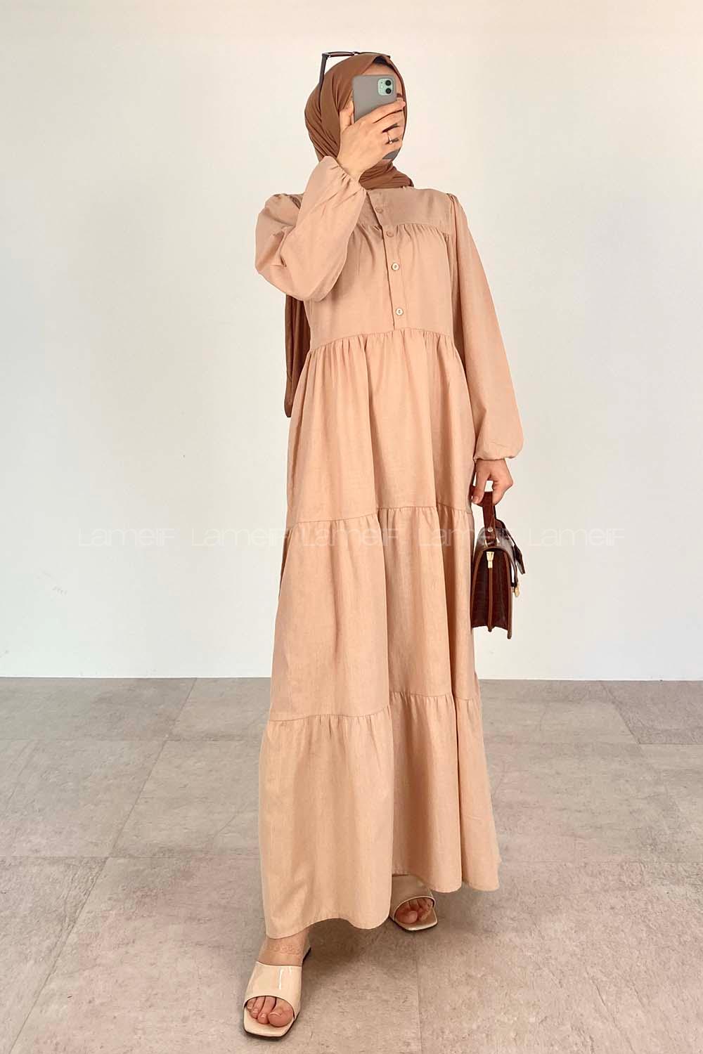 Beige Mandarin Collar Linen Unprinted Dresess