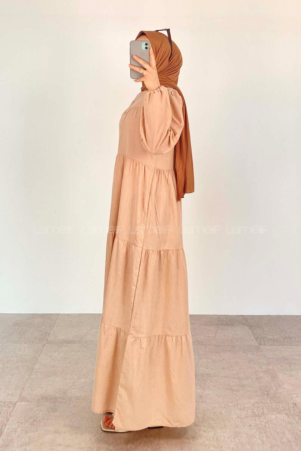 Beige Mandarin Collar Linen Unprinted Dresess