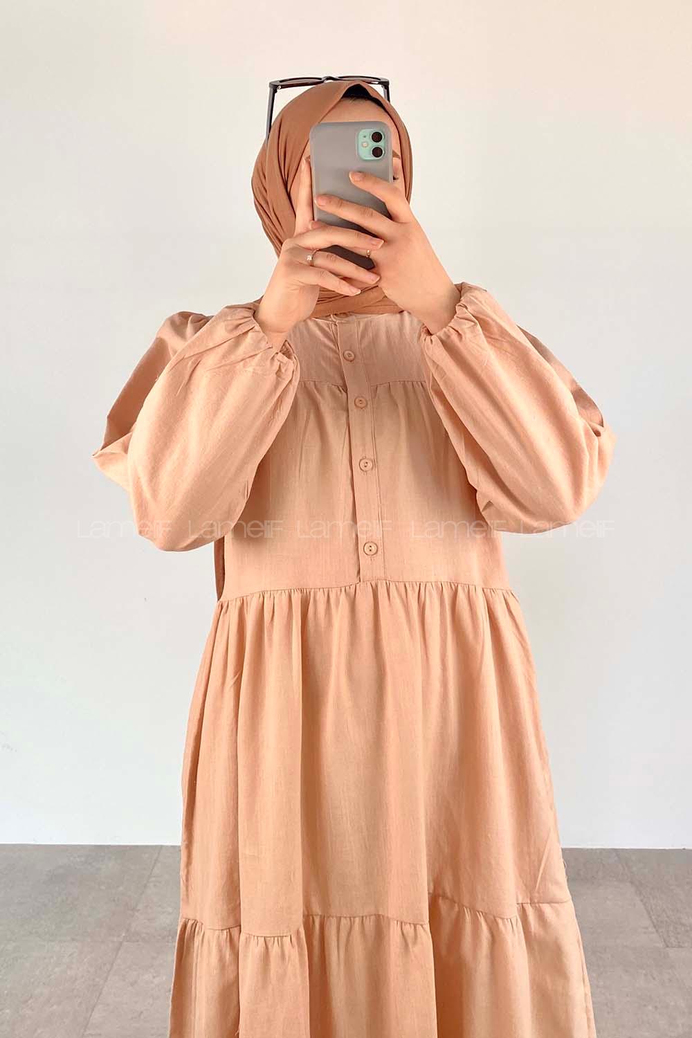 Beige Mandarin Collar Linen Unprinted Dresess