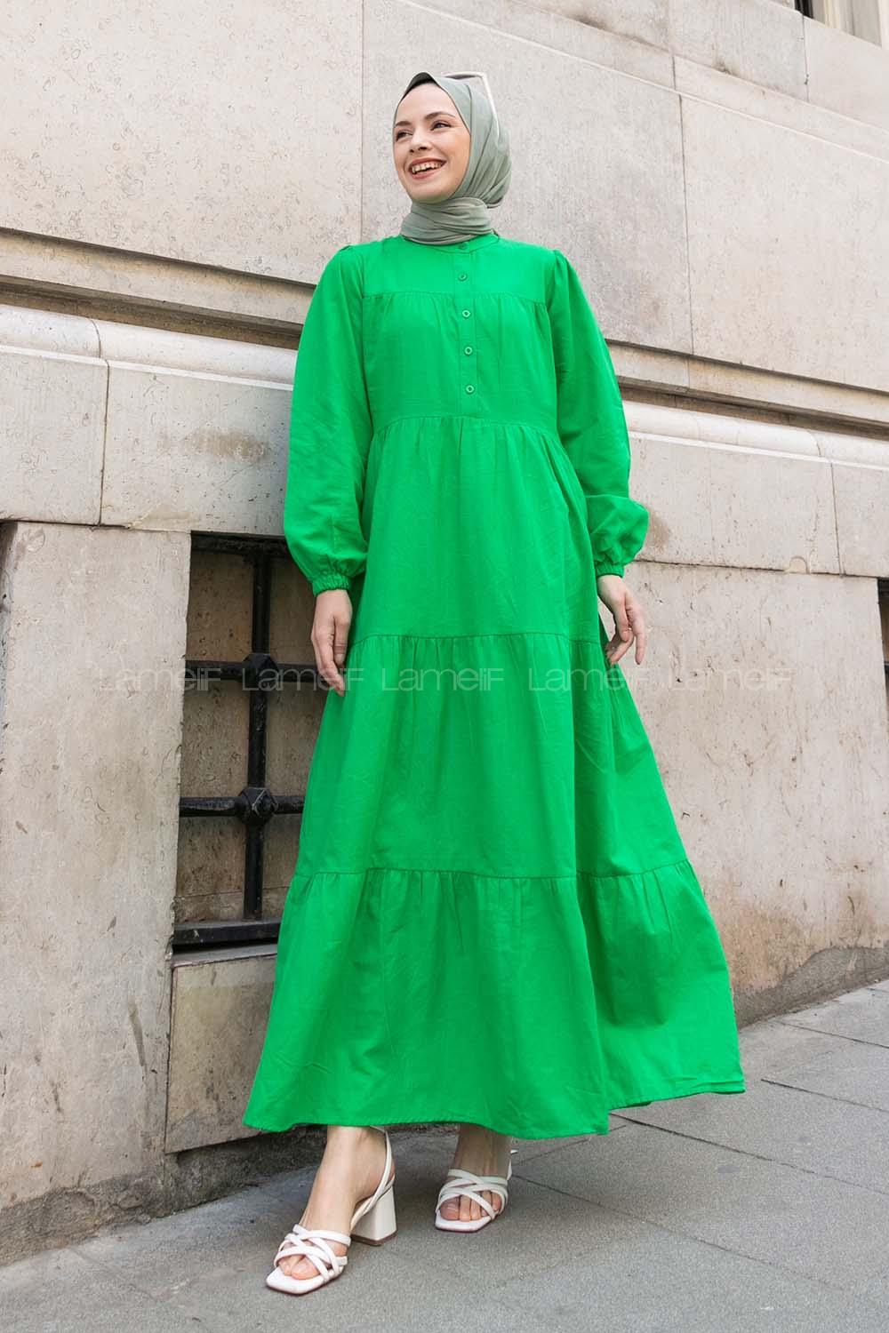 Green Mandarin Collar Linen Unprinted Dresess