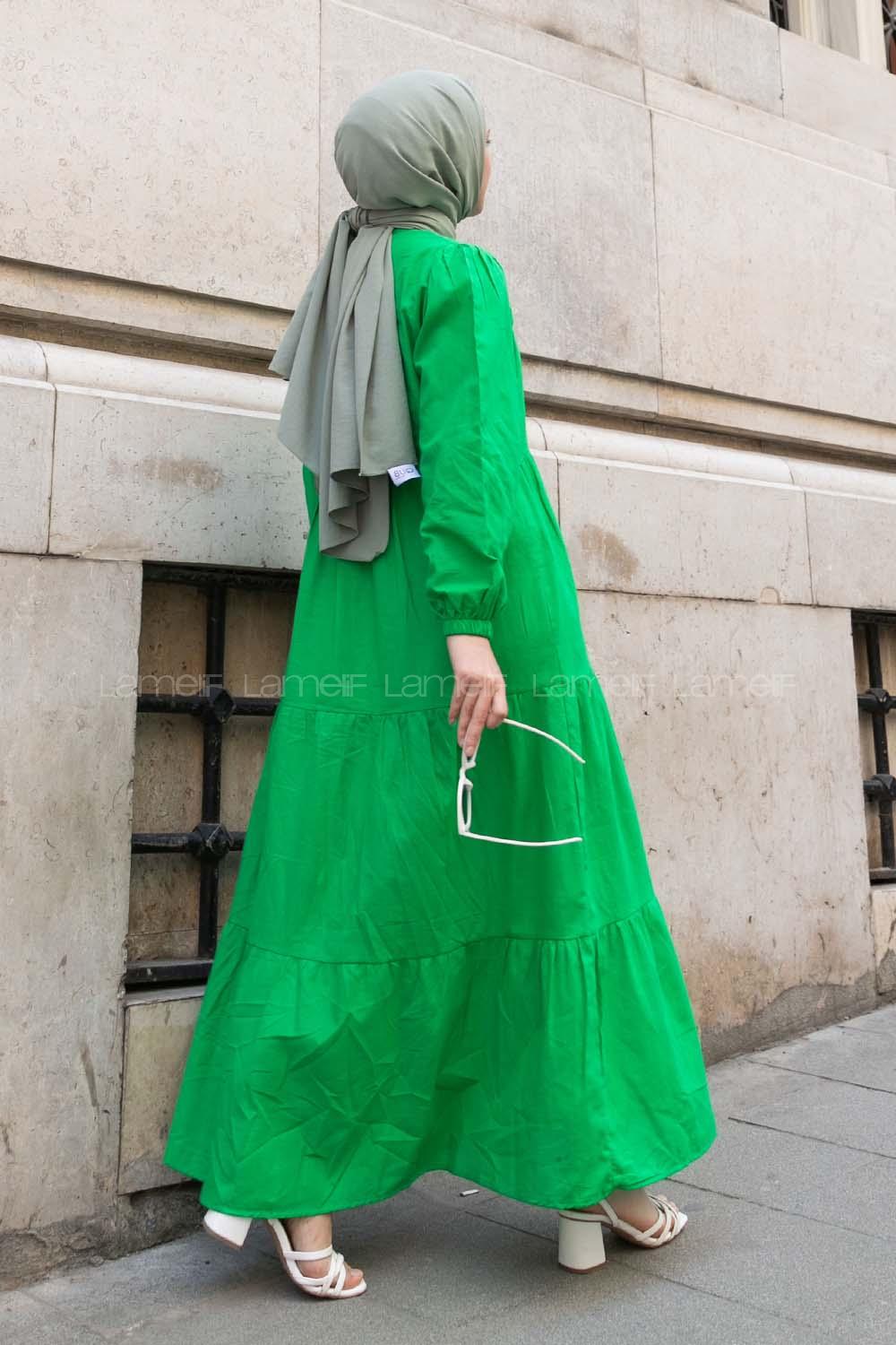 Green Mandarin Collar Linen Unprinted Dresess