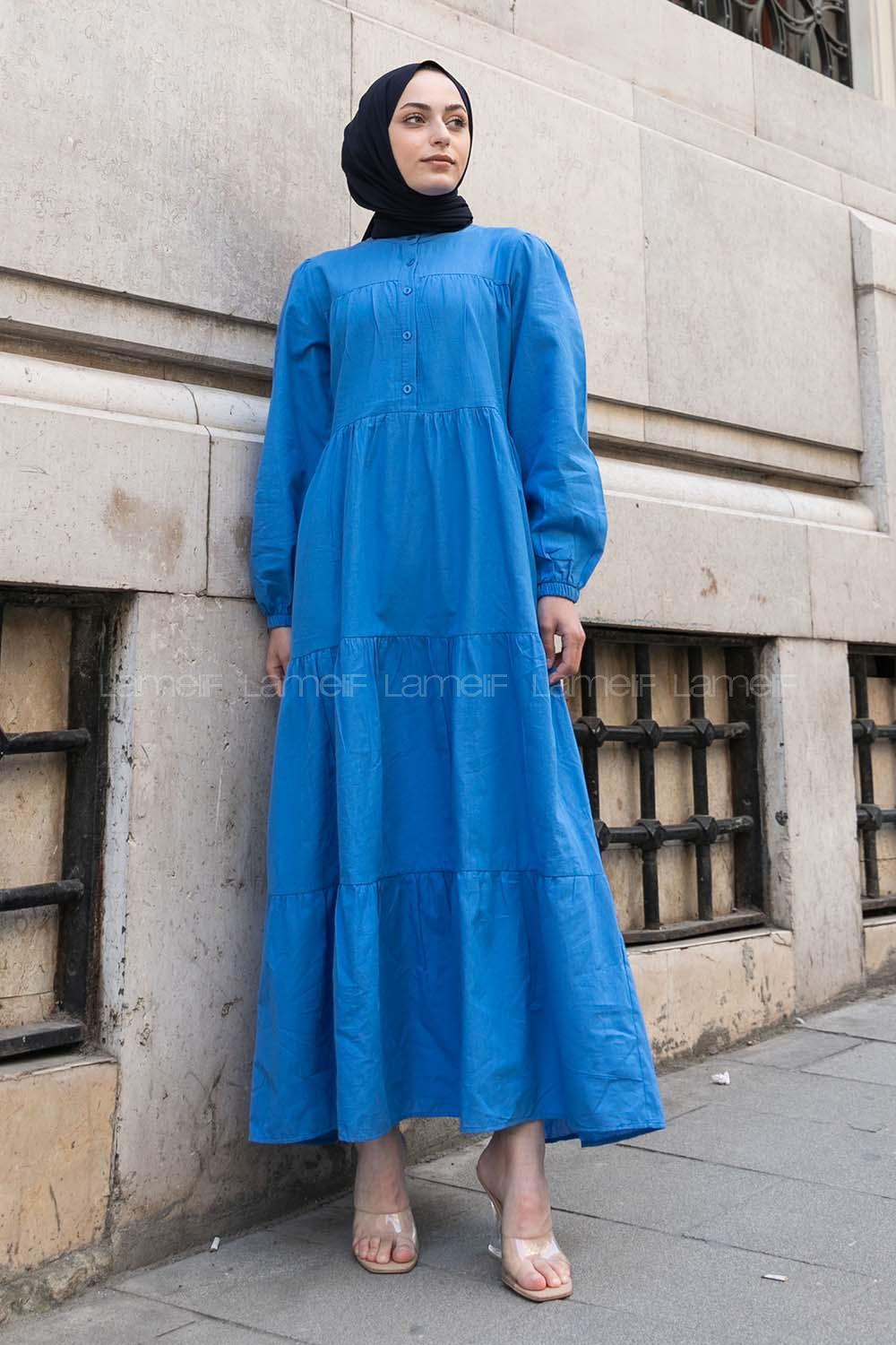 Indigo Mandarin Collar Linen Unprinted Dresess