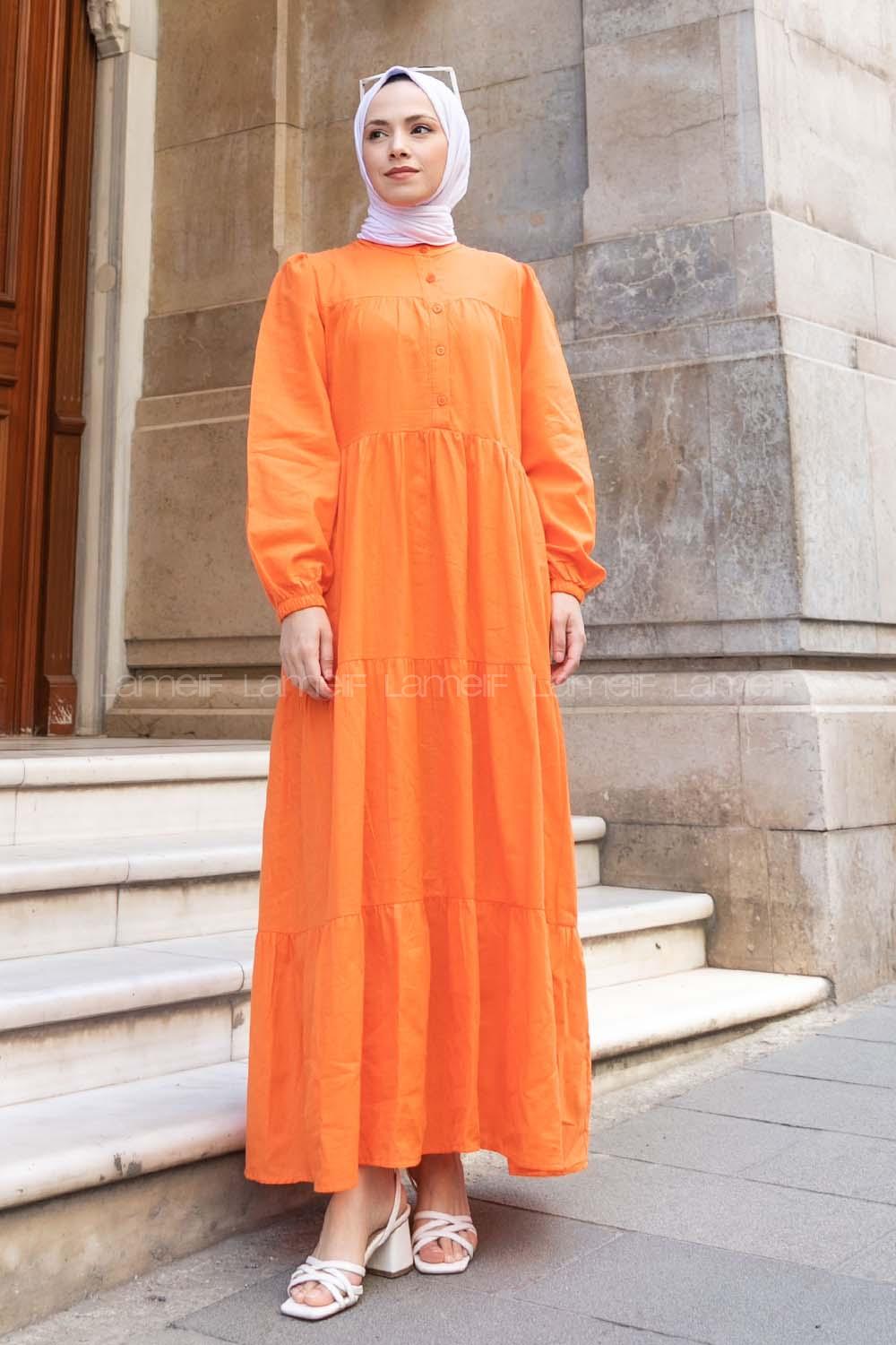 Orange Mandarin Collar Linen Unprinted Dresess