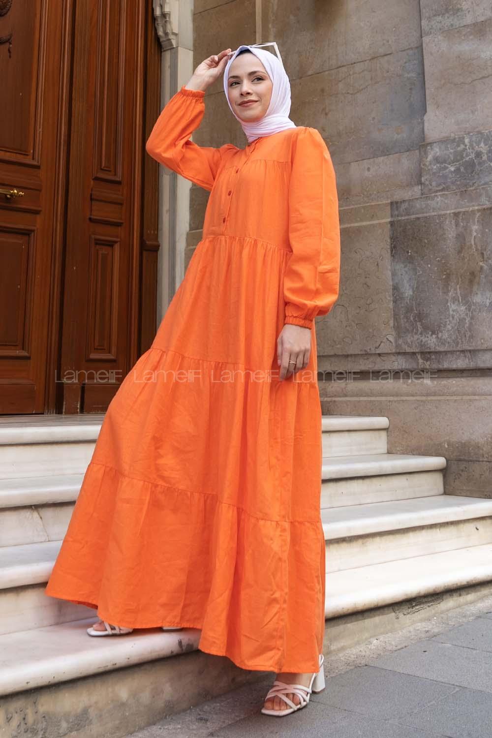 Orange Mandarin Collar Linen Unprinted Dresess