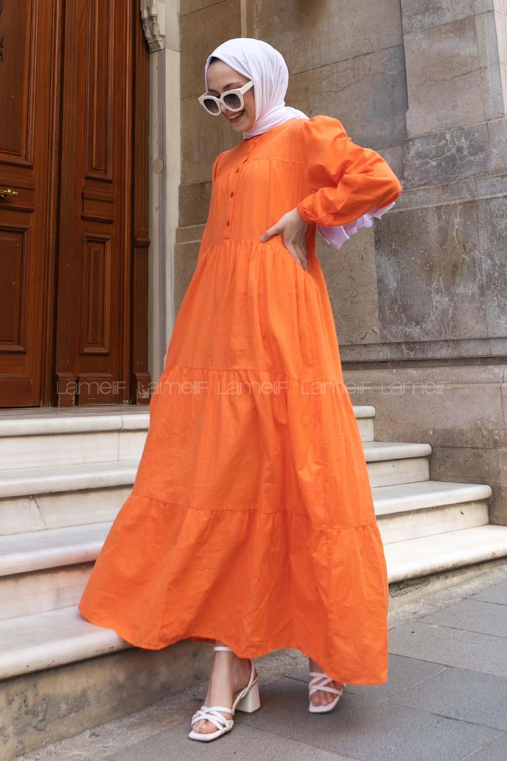 Orange Mandarin Collar Linen Unprinted Dresess
