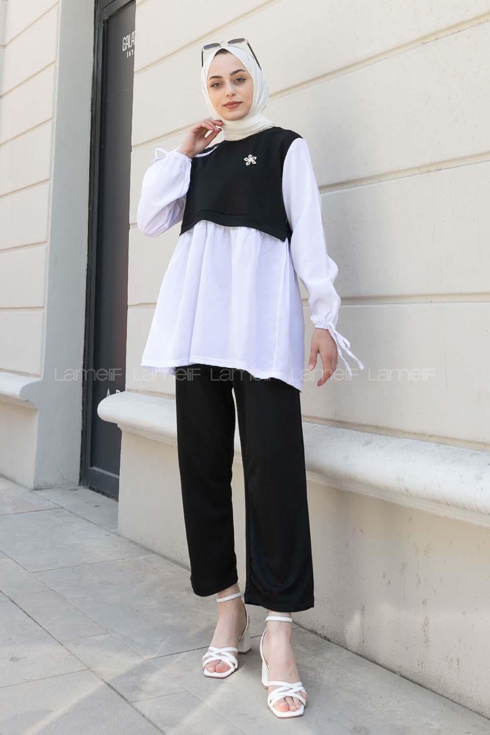 Black Crew Neck Long Arm With Brooch Crepe Fabric Regular Trousers Comfortable Suit