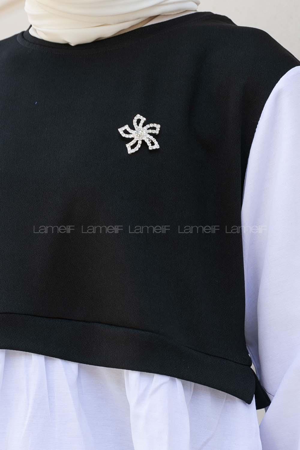 Black Crew Neck Long Arm With Brooch Crepe Fabric Regular Trousers Comfortable Suit