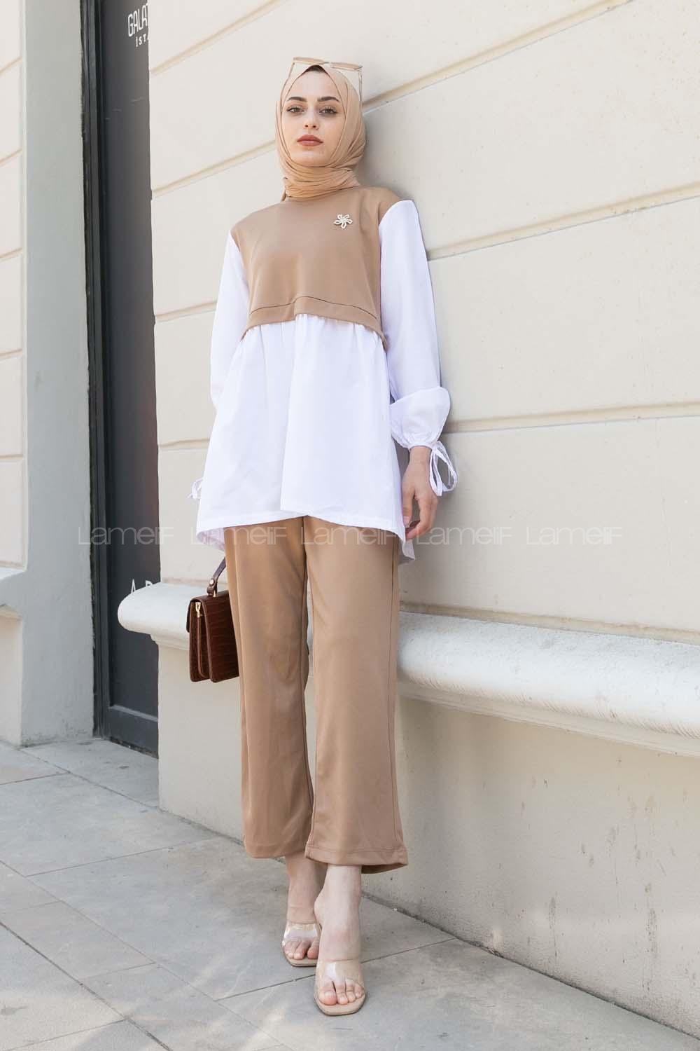 Brown With Milk Crew Neck Long Arm With Brooch Crepe Fabric Regular Trousers Comfortable Suit