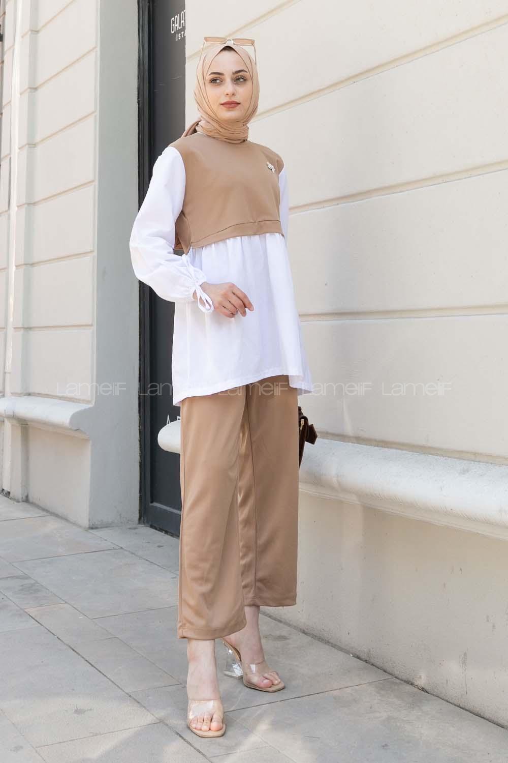 Brown With Milk Crew Neck Long Arm With Brooch Crepe Fabric Regular Trousers Comfortable Suit