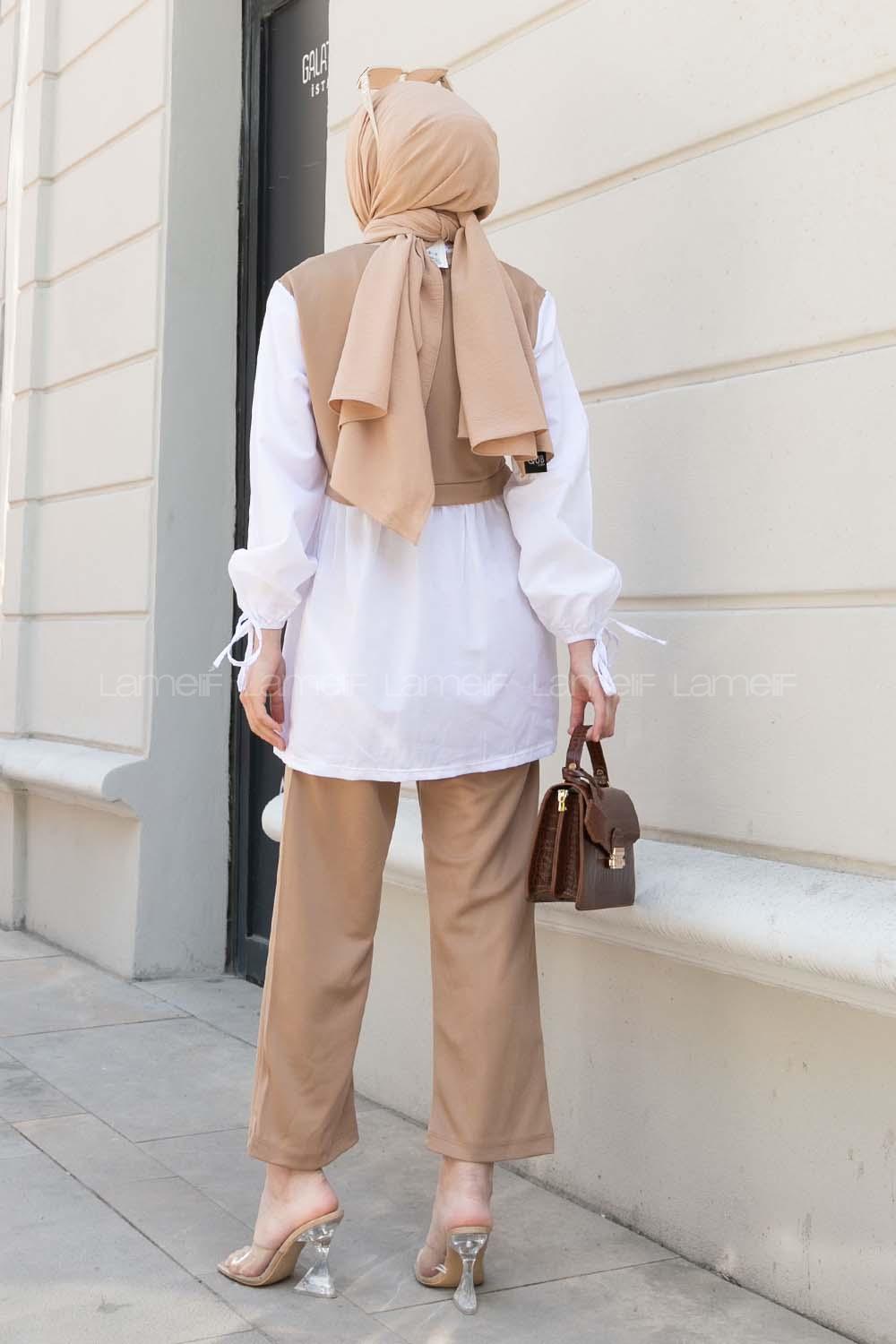 Brown With Milk Crew Neck Long Arm With Brooch Crepe Fabric Regular Trousers Comfortable Suit