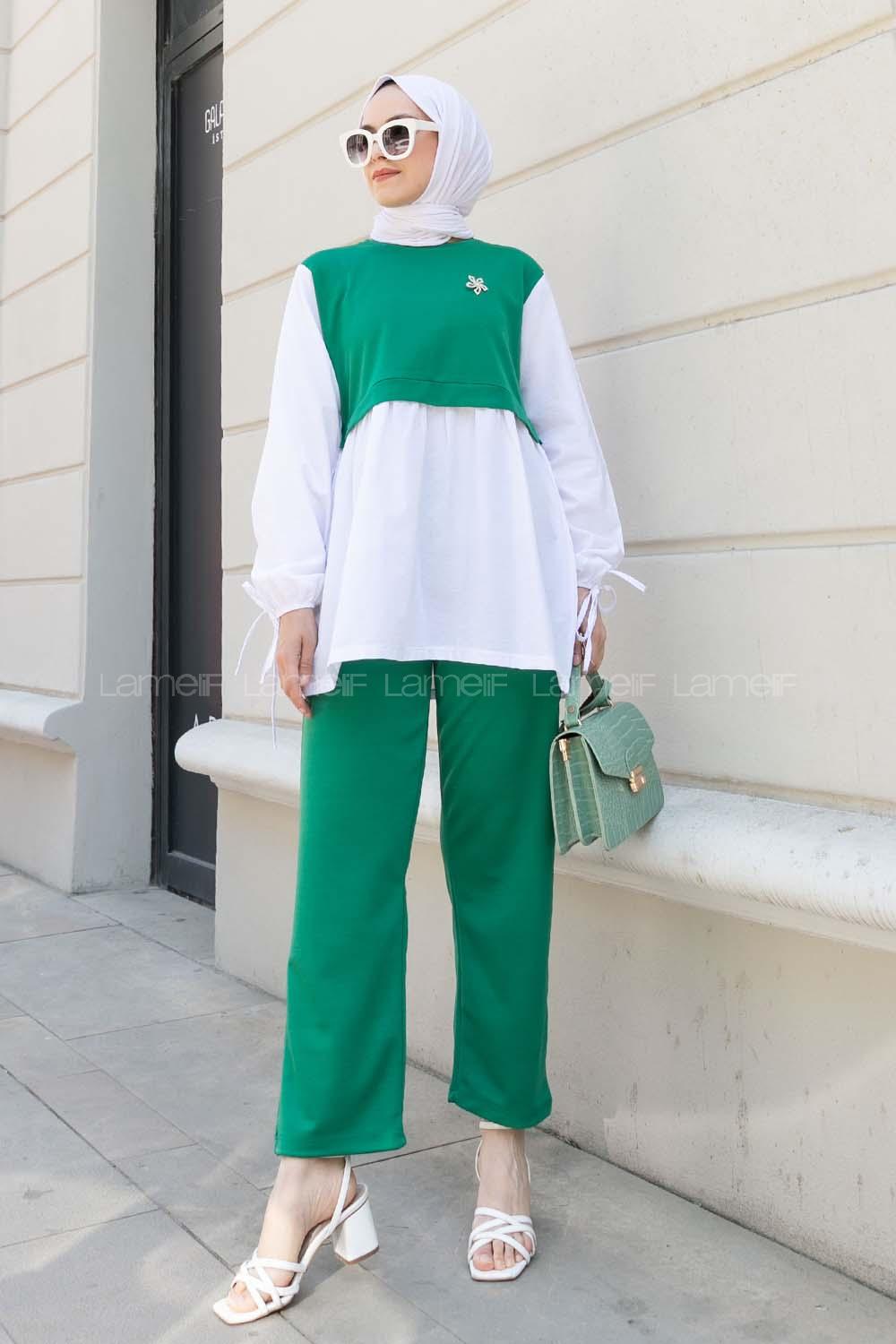 Emerald Green Crew Neck Long Arm With Brooch Crepe Fabric Regular Trousers Comfortable Suit