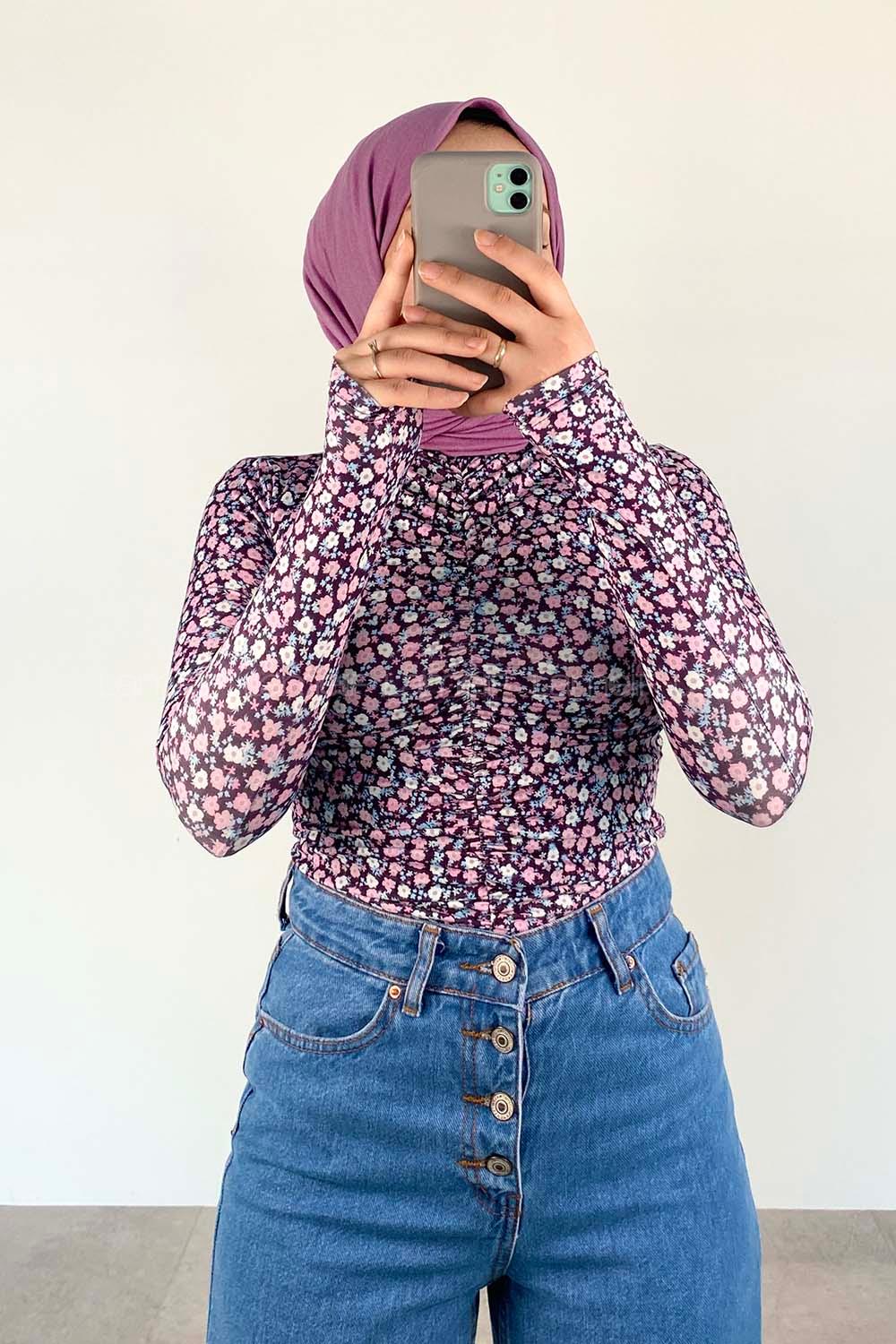 Lilac Crew Neck Long Arm Without Accessories Cotton Fabric Printed Blouse