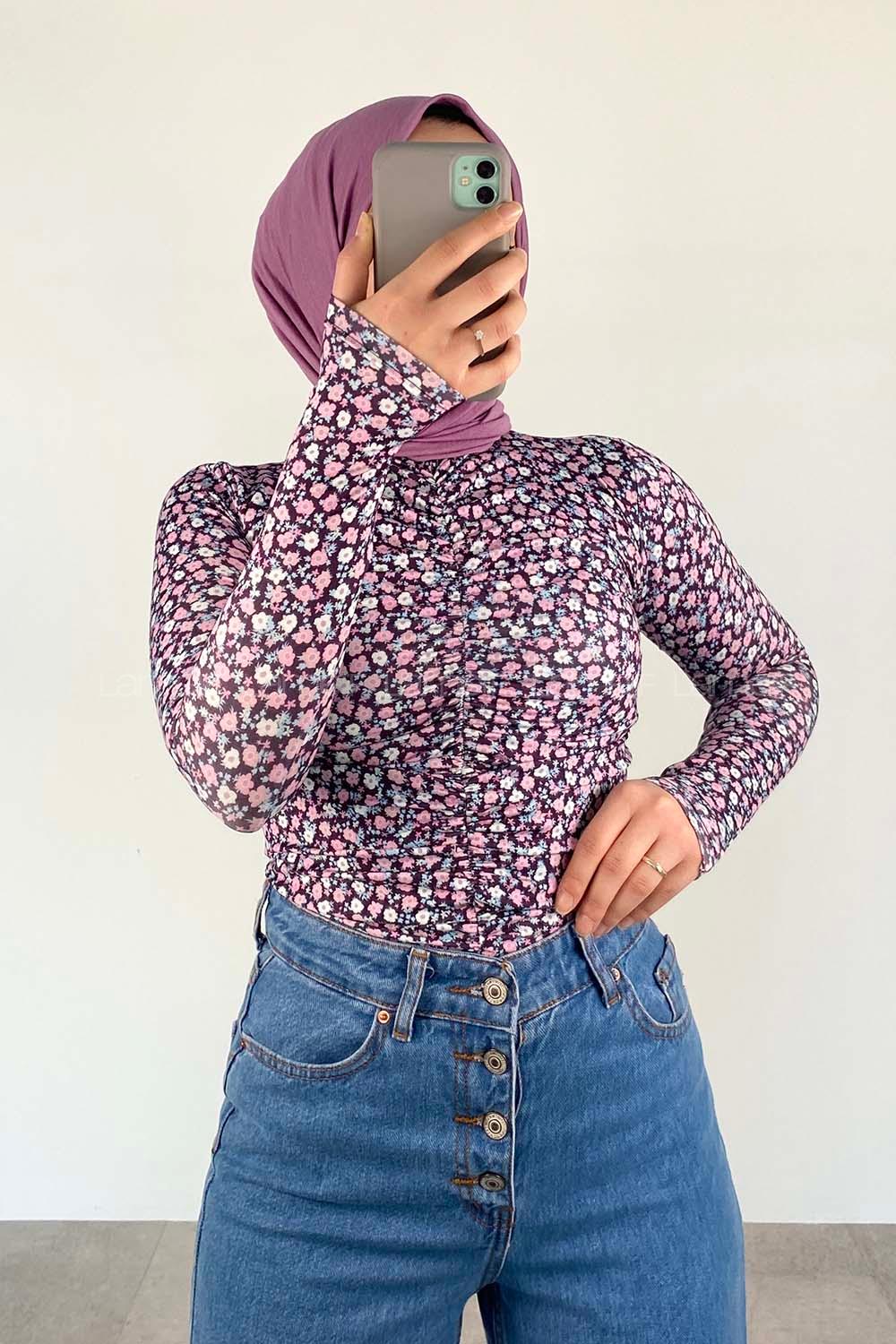 Lilac Crew Neck Long Arm Without Accessories Cotton Fabric Printed Blouse