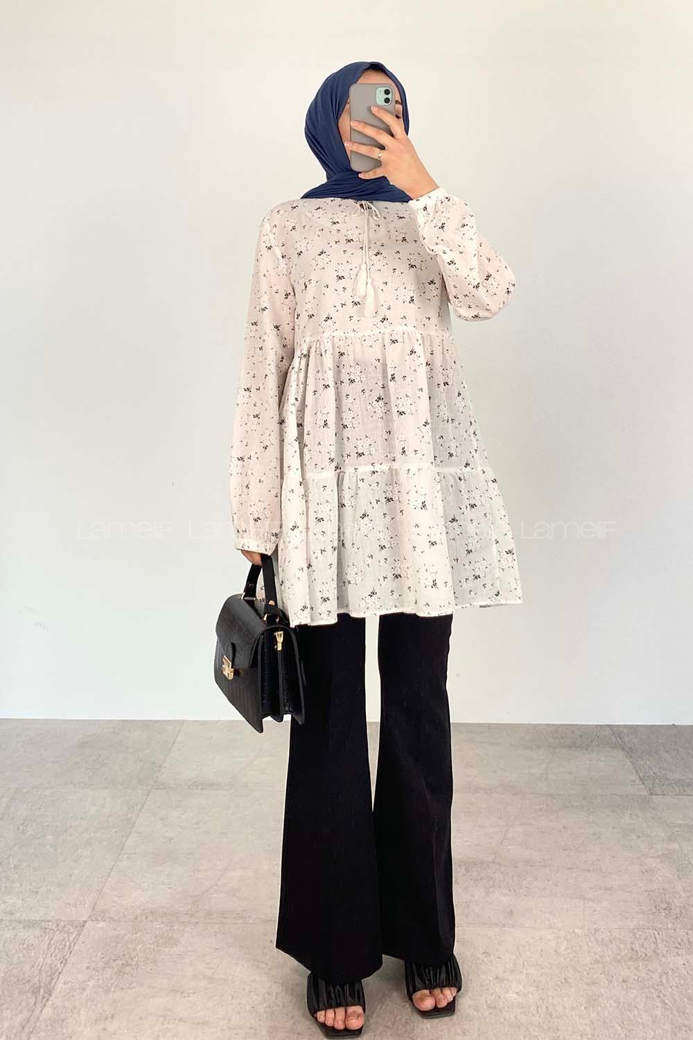 White Crew Neck Cotton Printed Tunic