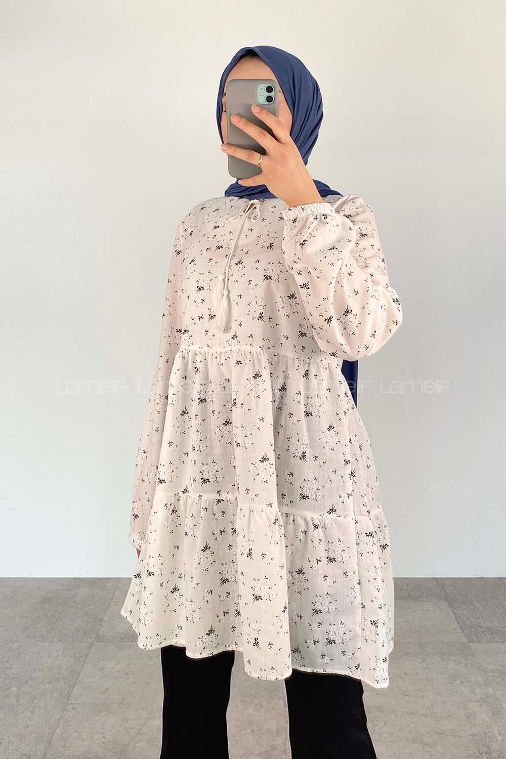 White Crew Neck Cotton Printed Tunic