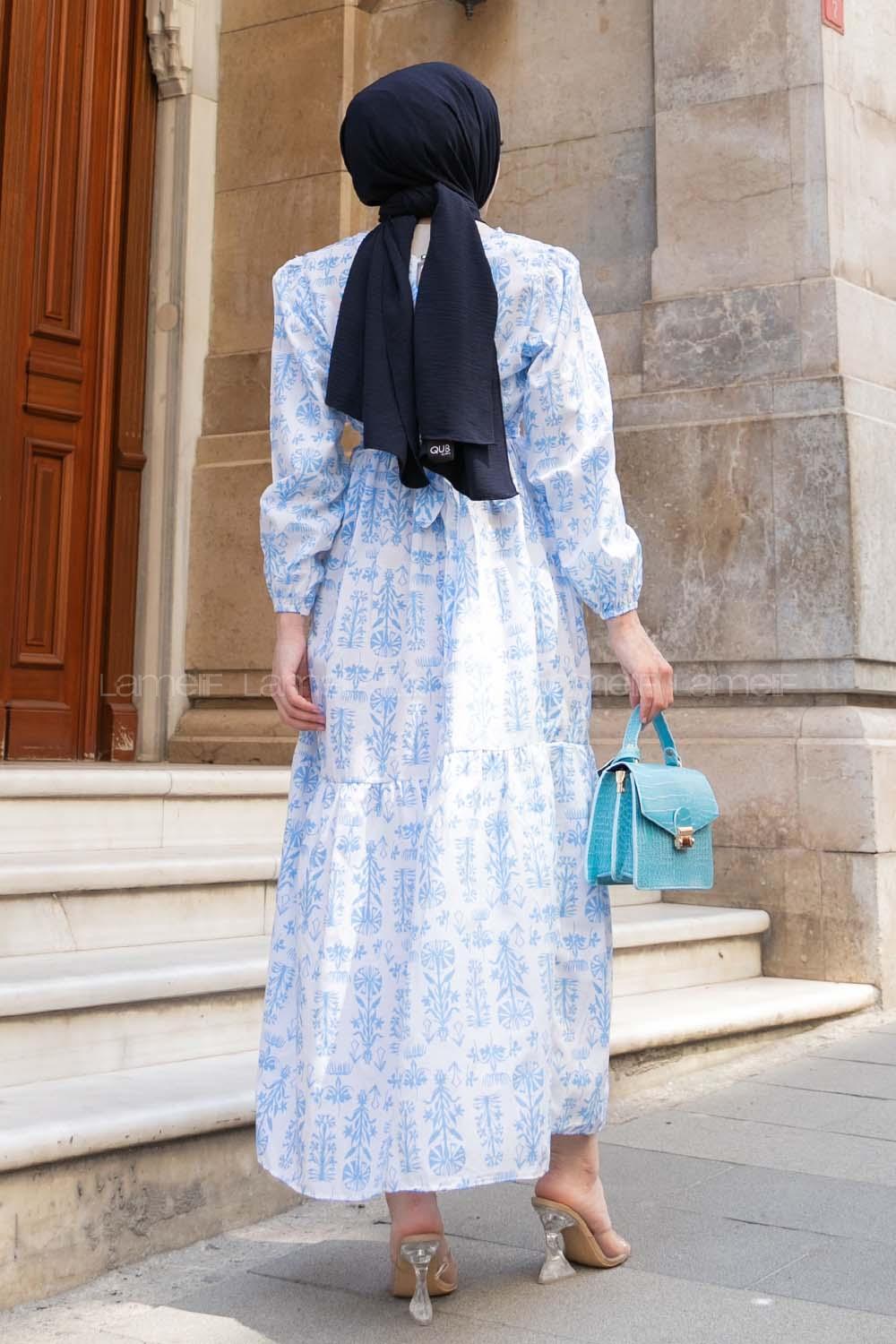 Light Blue Crew Neck Poplin Fabric Printed Dresess