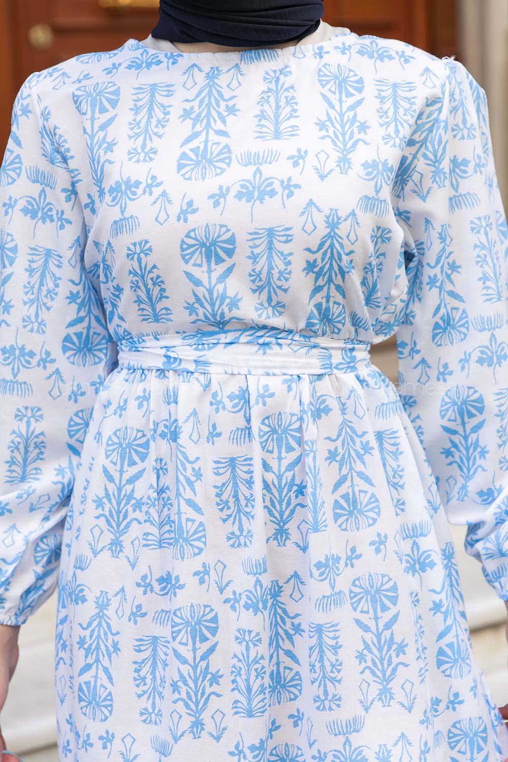 Light Blue Crew Neck Poplin Fabric Printed Dresess