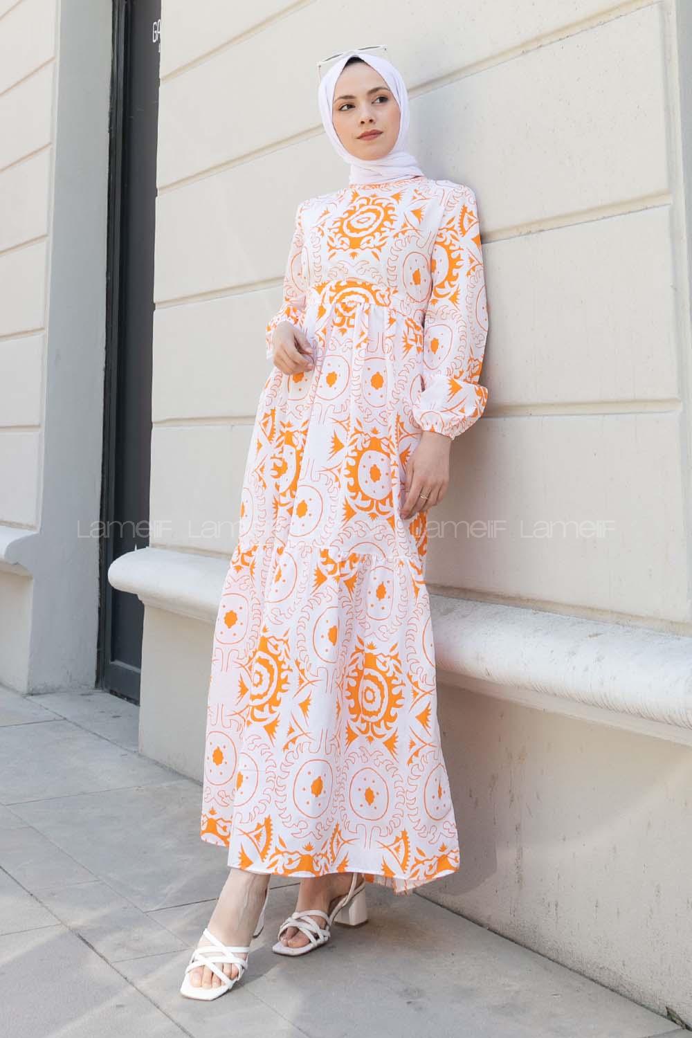 Orange Crew Neck Cotton Printed Dresess