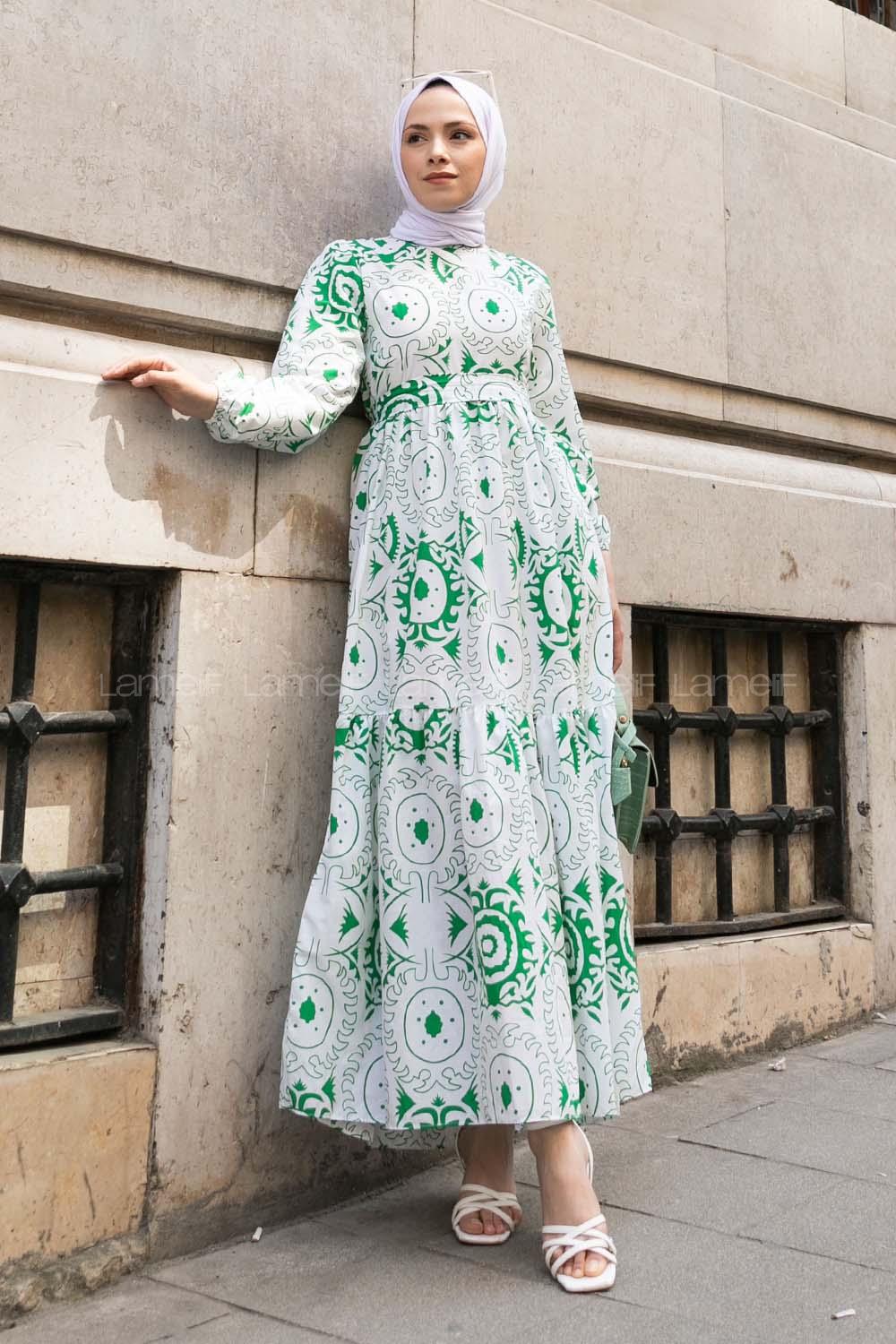 Green Crew Neck Cotton Printed Dresess