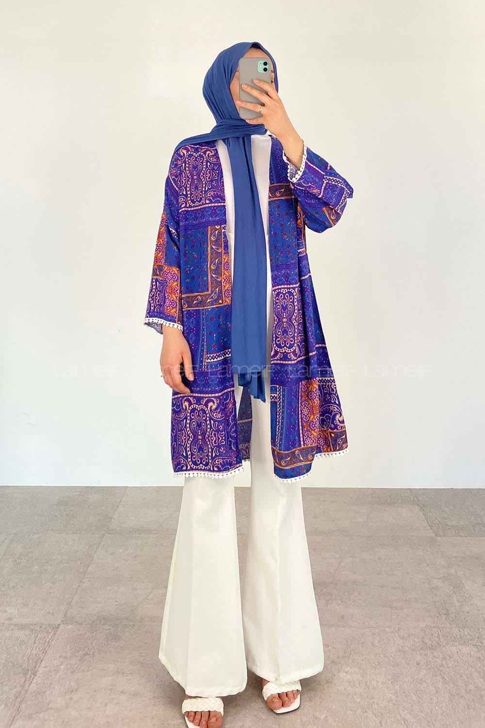 Indigo Bat Sleeve Arm Without Accessories Linen Plaid Kimono