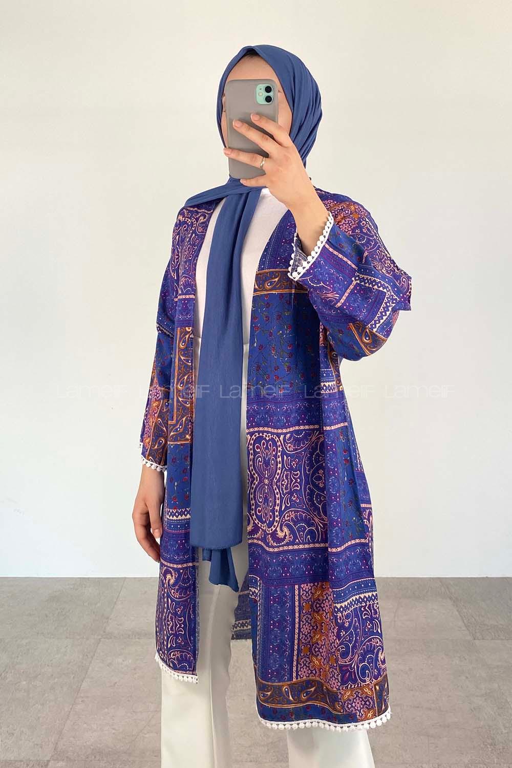 Indigo Bat Sleeve Arm Without Accessories Linen Plaid Kimono