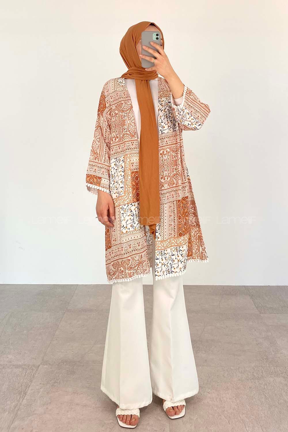 Tan Bat Sleeve Arm Without Accessories Linen Plaid Kimono