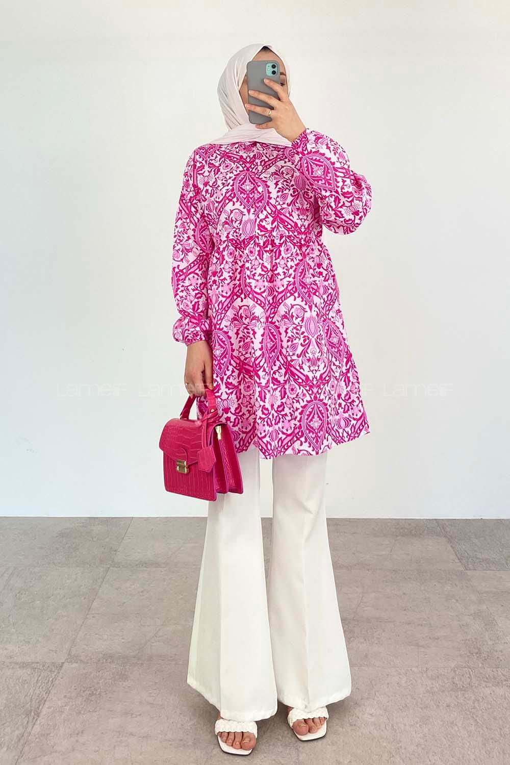 Pink Shirt Collar Cotton Printed Tunic