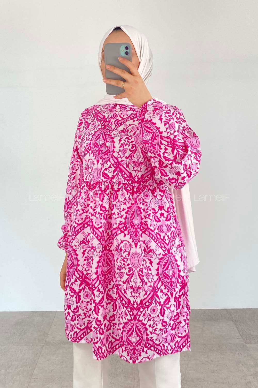 Pink Shirt Collar Cotton Printed Tunic
