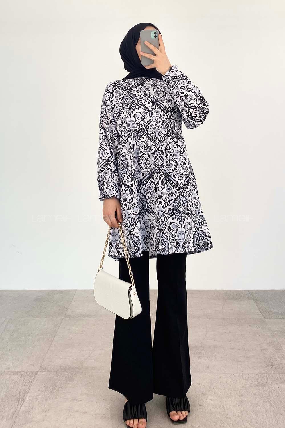 Black Shirt Collar Cotton Printed Tunic