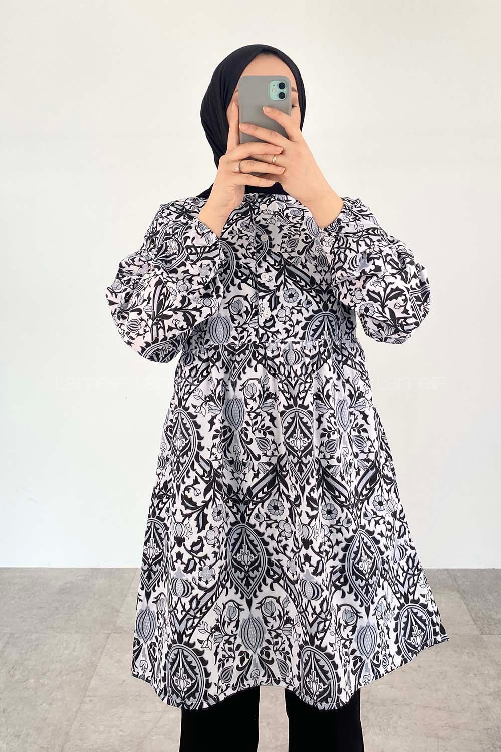 Black Shirt Collar Cotton Printed Tunic