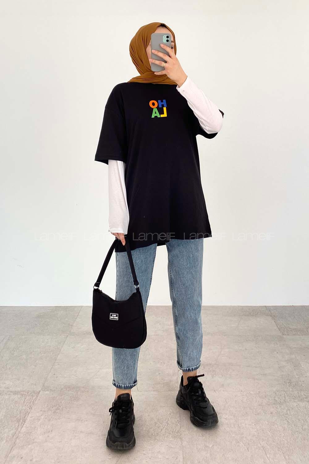 Black Crew Neck Half Arm Arm Cotton Printed T-shirt