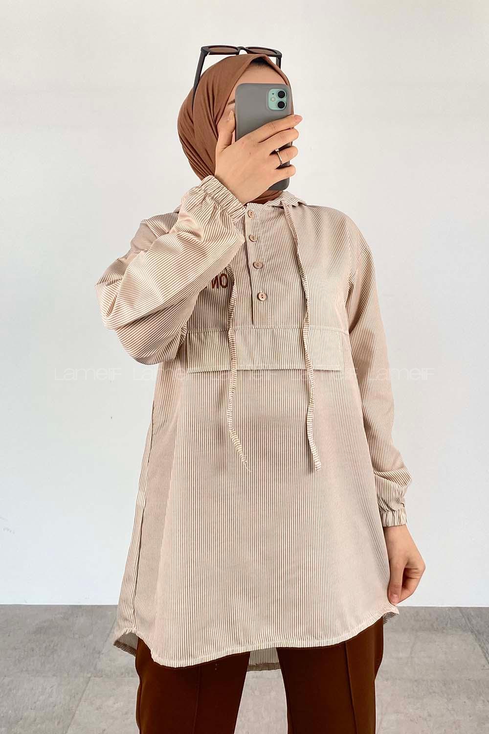 Beige Hood Neck Cotton Printed Tunic