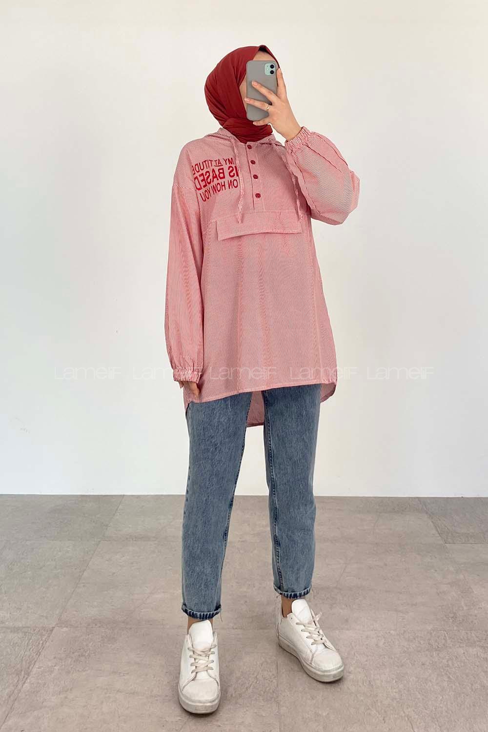 Red Hood Neck Cotton Printed Tunic