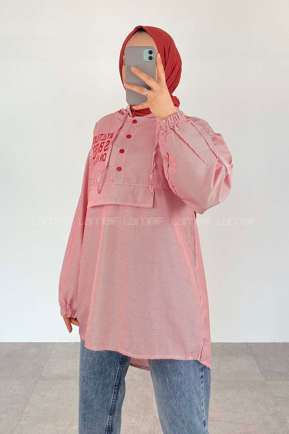 Red Hood Neck Cotton Printed Tunic