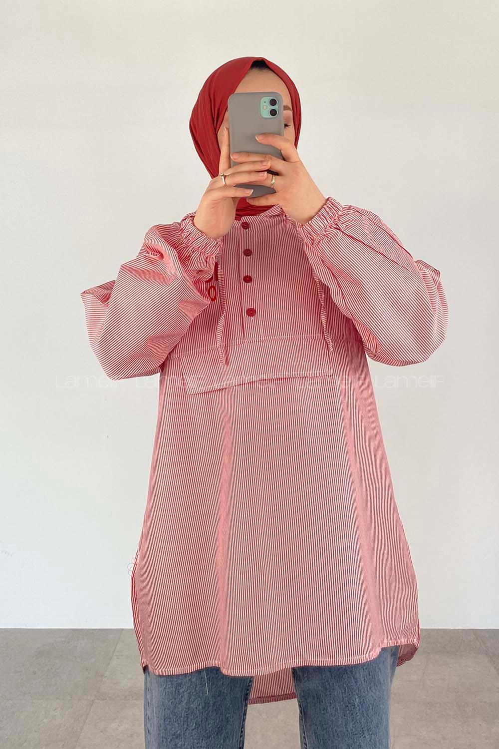 Red Hood Neck Cotton Printed Tunic