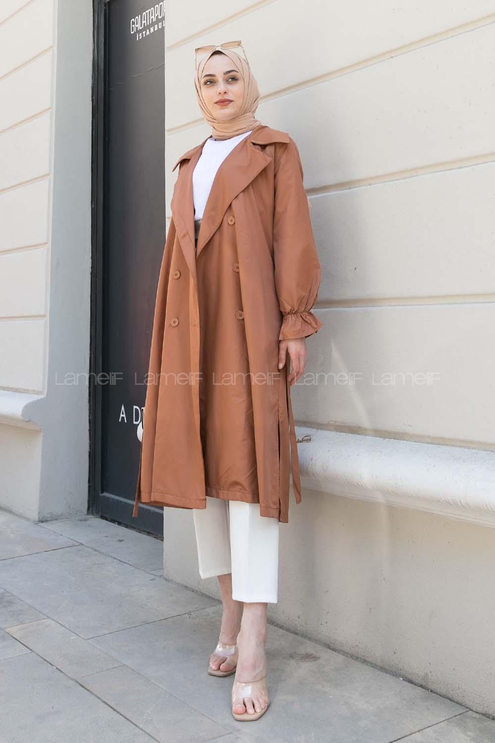 Tan Long Arm Belted Buttoned Viscose Fabric Trench Coat