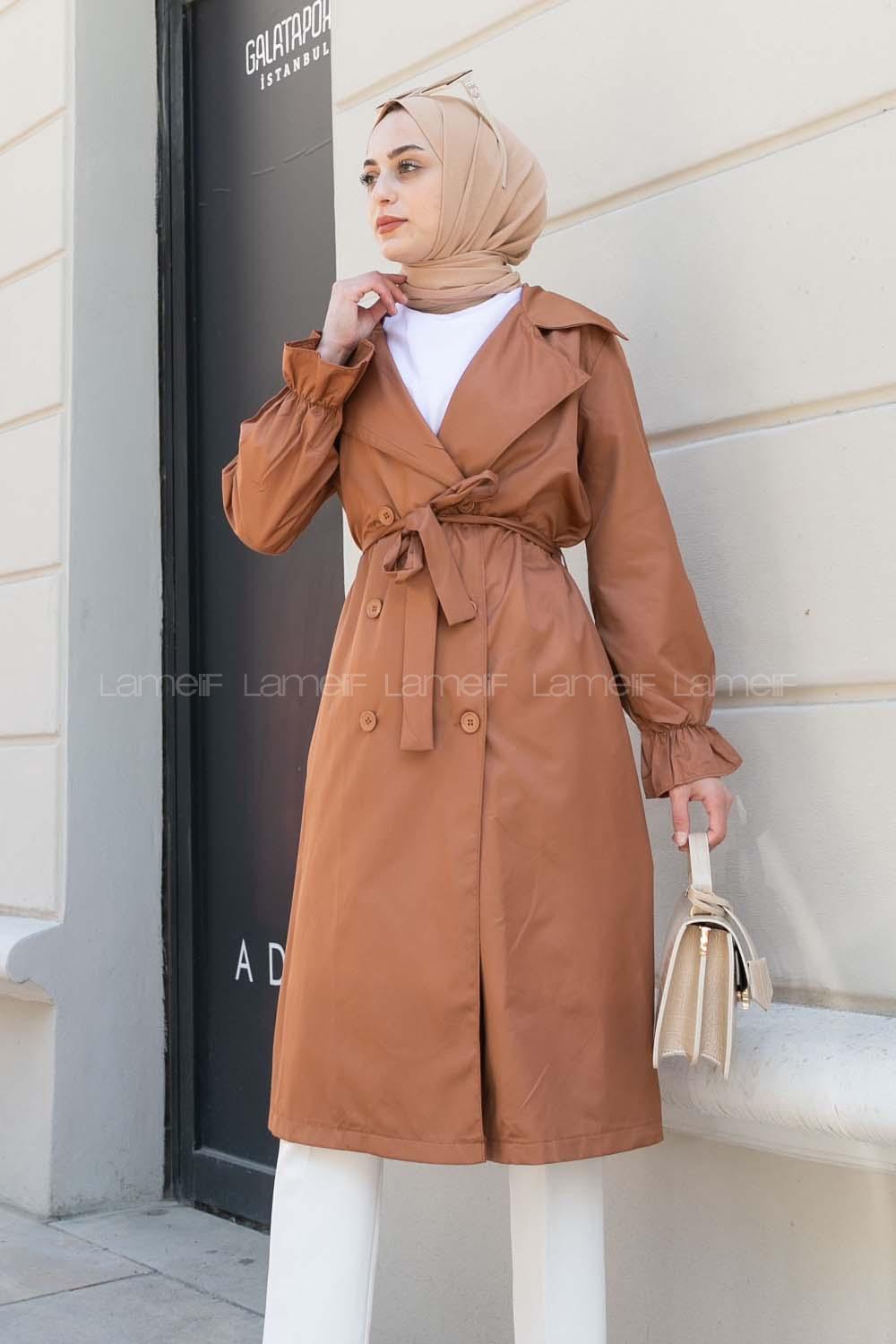 Tan Long Arm Belted Buttoned Viscose Fabric Trench Coat